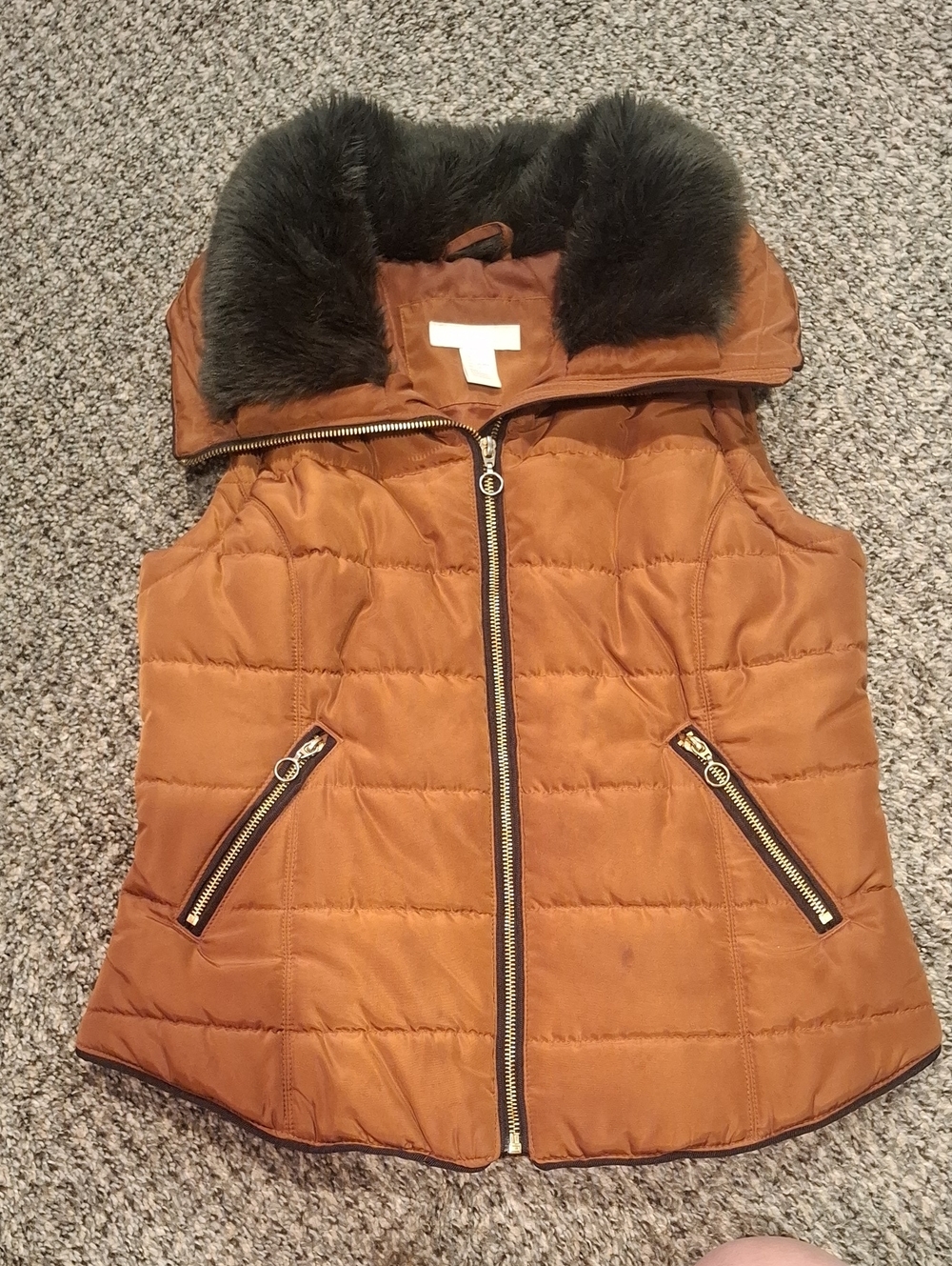 H&M Brown Quilted Puffer Vest with Faux Fur Trim